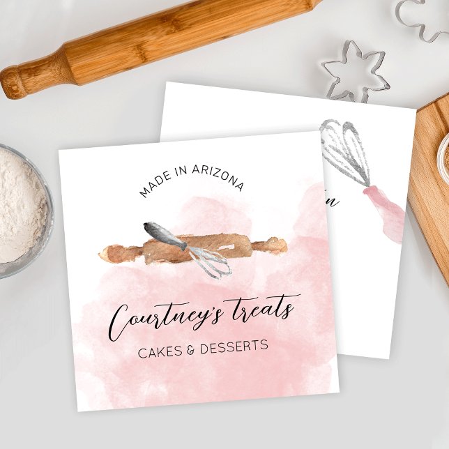 Carte De Visite Carré Boulangerie Pâtisserie Chef Logo Aquarelle rose Re (Watercolor bakery art catering business cards, great for chefs, bakers and cake decorators alike!)