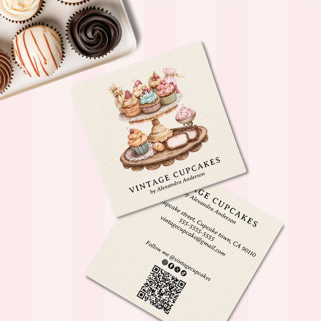 Carte De Visite Carré Boulangerie vintage Cupcake (Vintage Cupcake Retro Bakery Square Business Card)