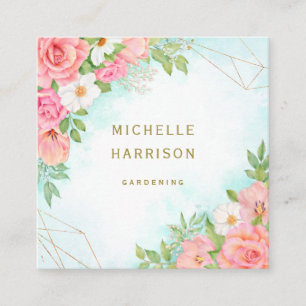 Carte De Visite Carré Bouquet d'aquarelle rose Turquoise Ombre