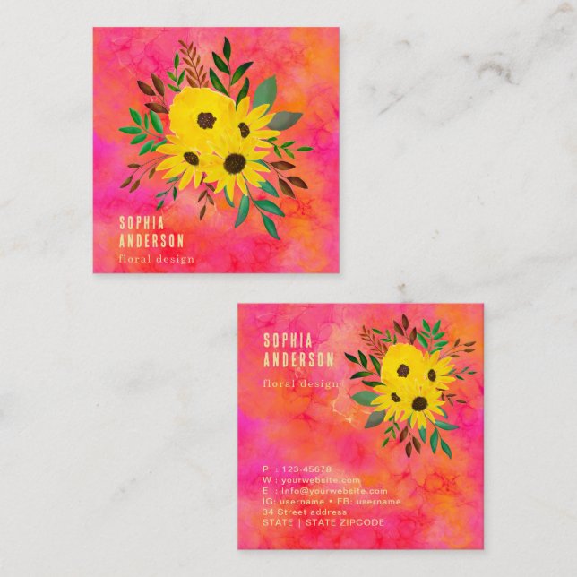 Carte De Visite Carré Bouquet de fleurs de tournesol - Aquarelle rose (Devant / Derrière)