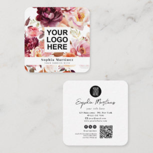 Carte De Visite Carré Bouquet floral aquarelle bordeaux & logo QR Code 