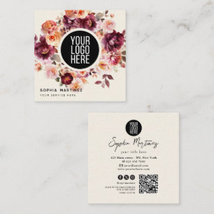Carte De Visite Carré Bouquet Floral Aquarelle Bourgogne & Logo Code QR