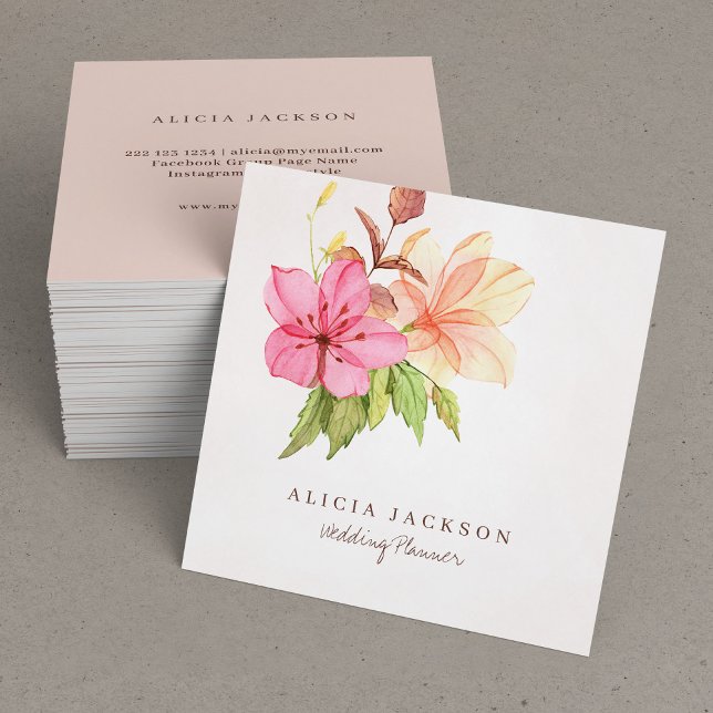 Carte De Visite Carré Bouquet floral pastel wedding planner aquarelle (Créateur téléchargé)