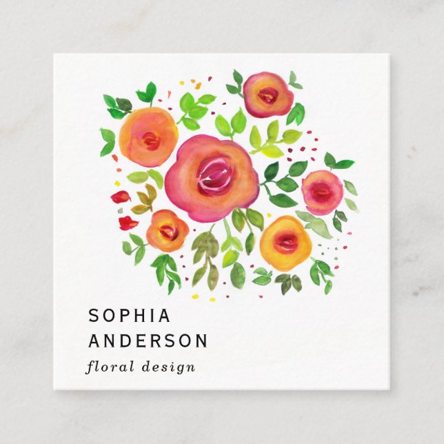 Carte De Visite Carré Bouquet floral, peinture aquarelle (Devant)
