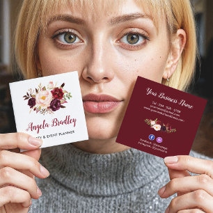 Carte De Visite Carré Bourgogne Rouge rose Floral Rustique Chic Personne