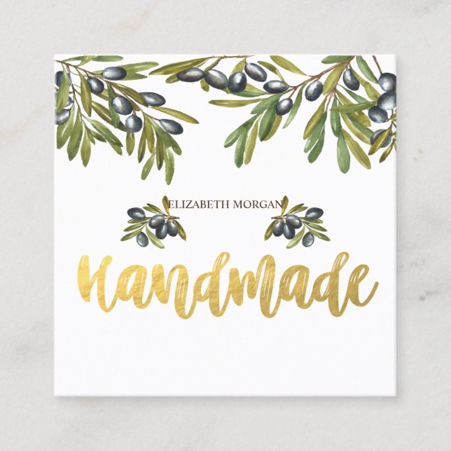 Carte De Visite Carré Bouteille d'olives aquarelle, Carré artisanal (Devant)