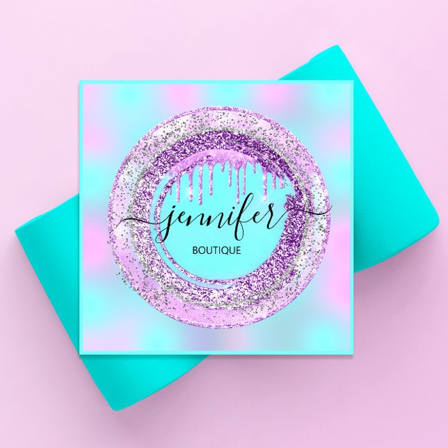 Carte De Visite Carré Boutique Beauté Boutique Turqoise Bleu QR Code (Boutique Beauty Shop Purple Turqoise Blue QR Code Square Business Card)