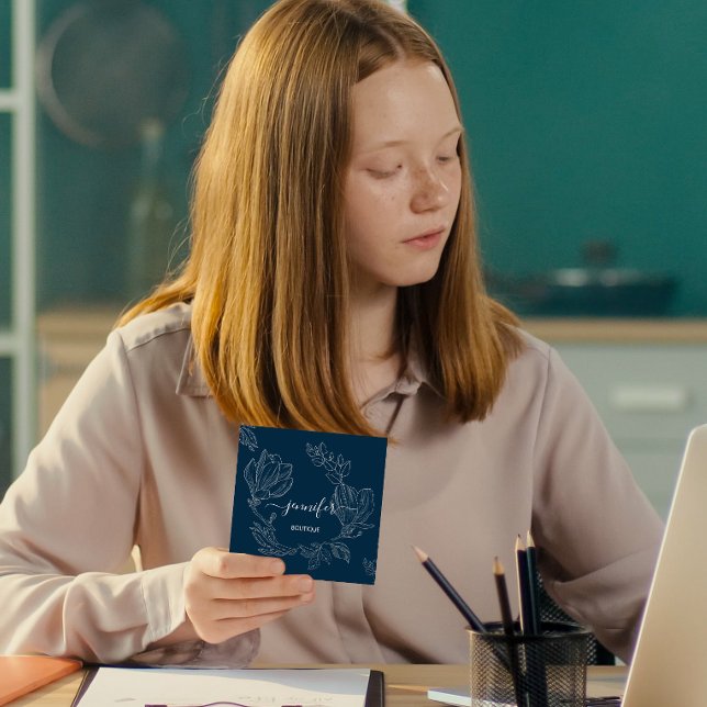 Carte De Visite Carré Boutique Boutique Blue Navy Grey Flowers QR Logo (Créateur téléchargé)