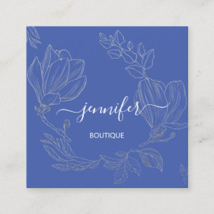 Carte De Visite Carré Boutique Boutique Gris Fleurs Bleues QR Logo