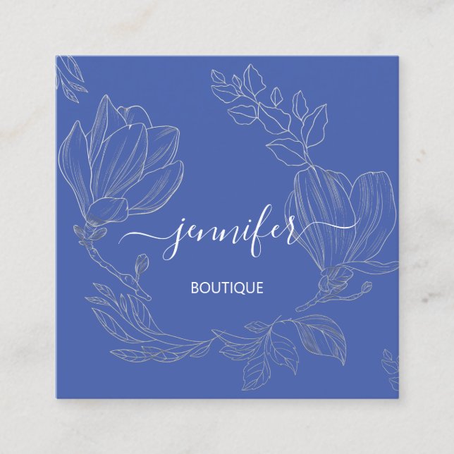 Carte De Visite Carré Boutique Boutique Gris Fleurs Bleues QR Logo (Devant)