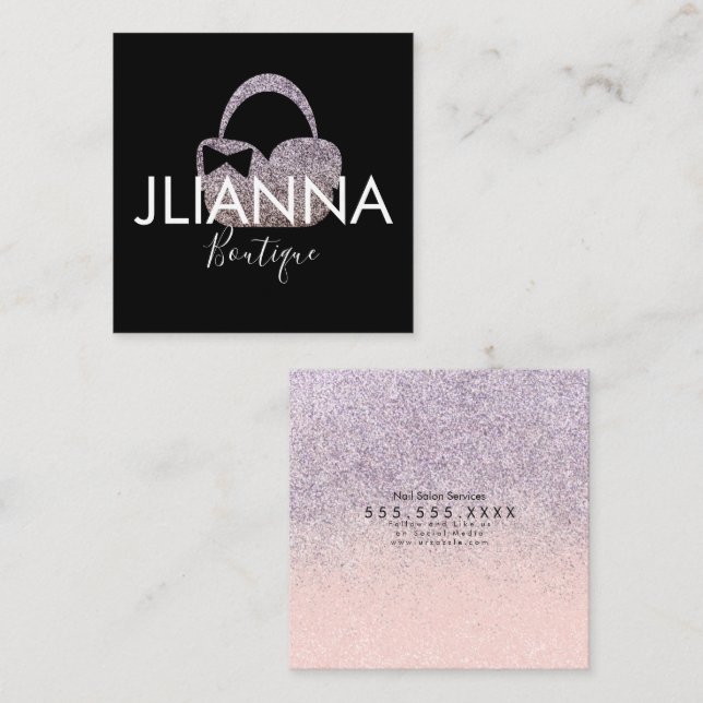 Carte De Visite Carré Boutique Faux Parties scintillant Vêtements Noir B (Devant / Derrière)