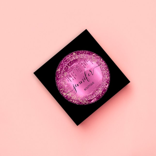 Carte De Visite Carré Boutique Professionnelle Boutique Parties scintill (Professional Boutique Shop Glitter Pink Drips Blac Square Business Card)