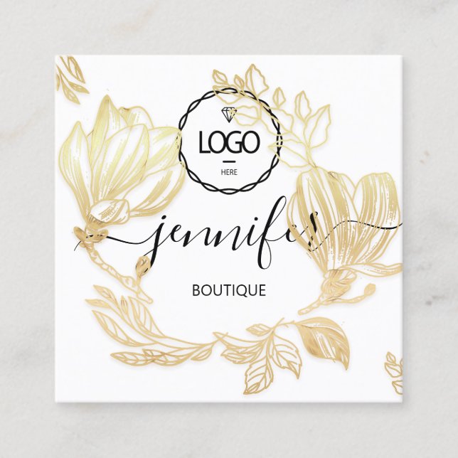 Carte De Visite Carré Boutique Professionnelle Fleurs d'Or QR Logo (Devant)