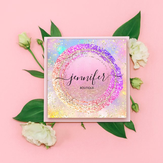 Carte De Visite Carré Boutique professionnelle Holographe rose (Professional Boutique Shop Pink Holograph Square Business Card)