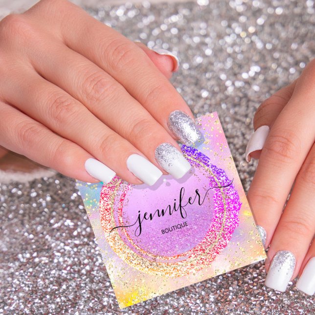 Carte De Visite Carré Boutique professionnelle Holographe violet (Professional Boutique Shop Purple Holograph Square Business Card)