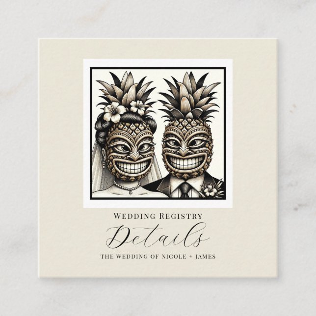 Carte De Visite Carré Bride & Groom Aloha Pineapple Tiki Détails du Mari (Devant)