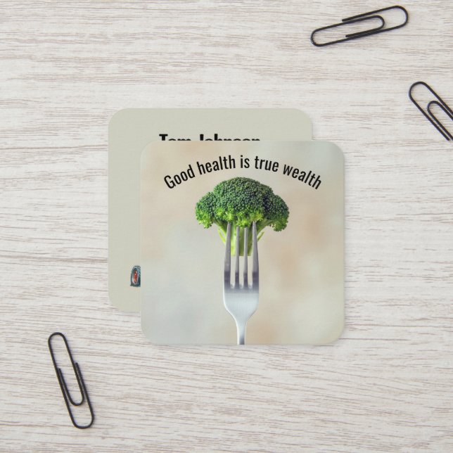 Carte De Visite Carré Broccoli Floret On a Fork With Quote (Devant/Arrière en situation)