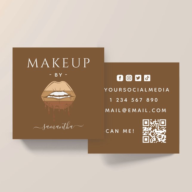 Carte De Visite Carré Brown Lips Makeup Artist QR  (Créateur téléchargé)