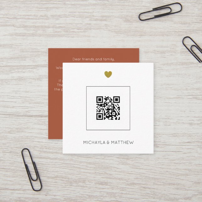 Carte De Visite Carré Budget Minimum QR Code Terracotta Mariage Invitati (Devant/Arrière en situation)