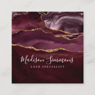 Carte De Visite Carré Burgundy Gold Agate Géode Monogramme Élégant Scrip