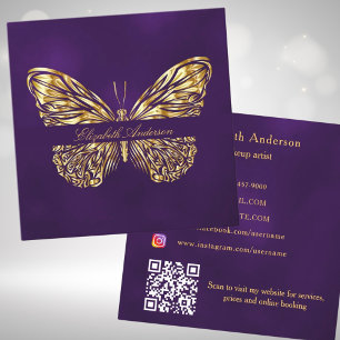 Carte De Visite Carré Butterfly violet or QR code élégant script