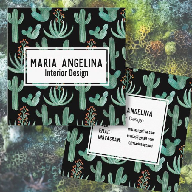 Carte De Visite Carré Cactus du désert et Aquarelle des succulents (Watercolor cactus pattern on this custom business card)