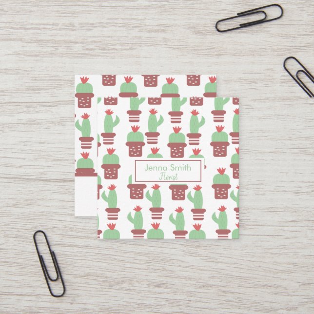Carte De Visite Carré Cactus Succulent Cactus Motif Garden Floriste  (Devant/Arrière en situation)