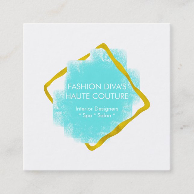 Carte De Visite Carré Cadre bleu d'aqua chic d'or d'aquarelle moderne (Devant)