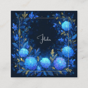 Carte De Visite Carré Cadre céleste doré à fleurs bleues lumineuses de m