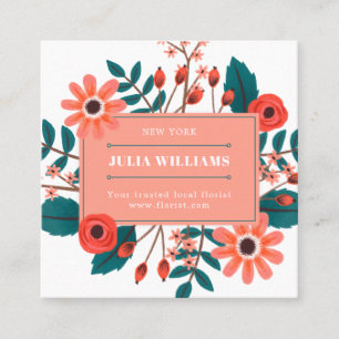 Carte De Visite Carré Cadre corallien turquoise moderne bouquet floral d
