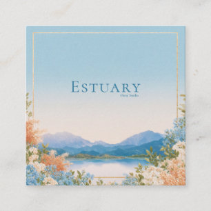 Carte De Visite Carré Cadre doré avec paysage de lac floral bleu élégant