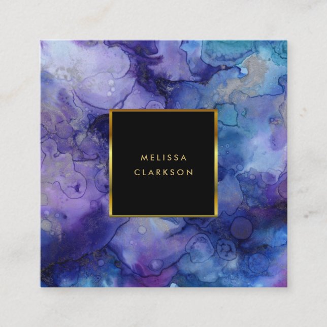 Carte De Visite Carré Cadre doré bleu pourpre à aquarelle moderne (Devant)