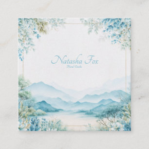 Carte De Visite Carré Cadre doré floral montagne bleue éthérée sereine