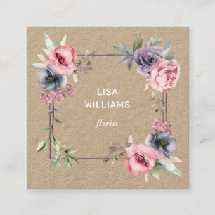 Carte De Visite Carré Cadre Floral Aquarelle Rose Bleu Rustique