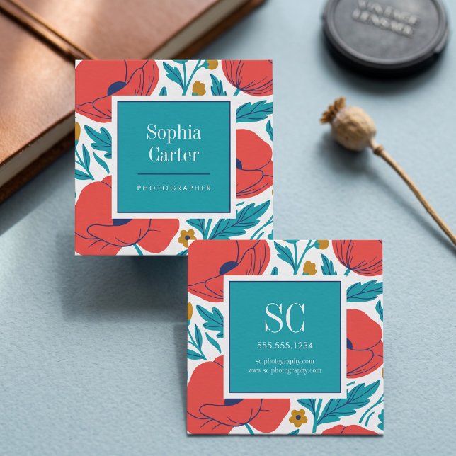 Carte De Visite Carré Cadre floral botanique (Simulated business cards on table)