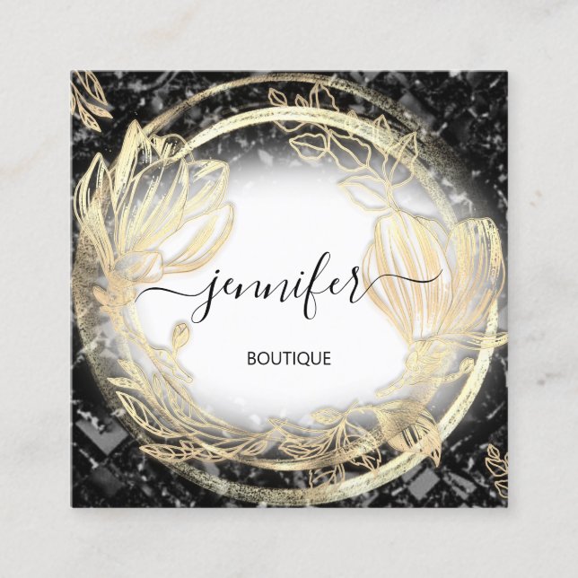 Carte De Visite Carré Cadre Floral Or QRCode Logo Abstarct noir (Devant)