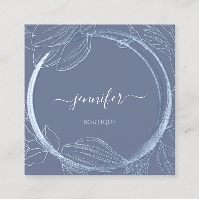 Carte De Visite Carré Cadre floral QR Code Logo Bleu Smoky Royal (Devant)