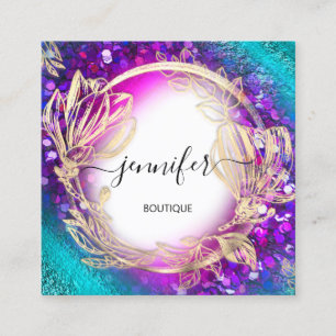 Carte De Visite Carré Cadre Floral QR Code Logo Gold Green Blue Confetti