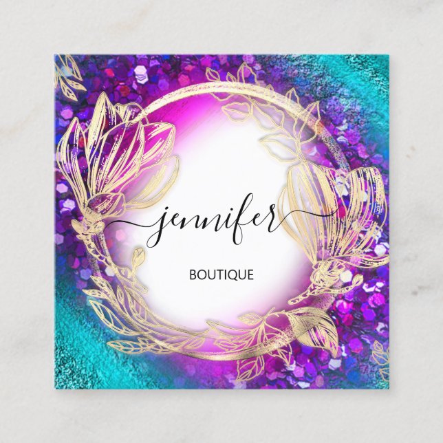 Carte De Visite Carré Cadre Floral QR Code Logo Gold Green Blue Confetti (Devant)