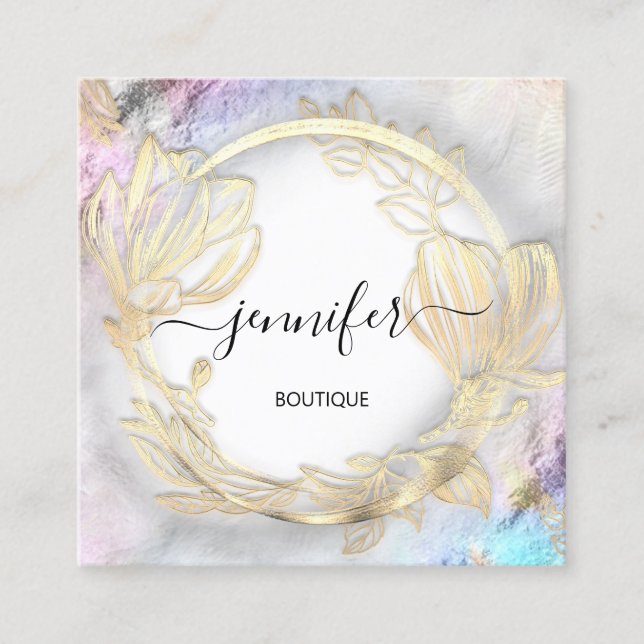 Carte De Visite Carré Cadre floral QR Code Logo Gold Grey Abstrait (Devant)