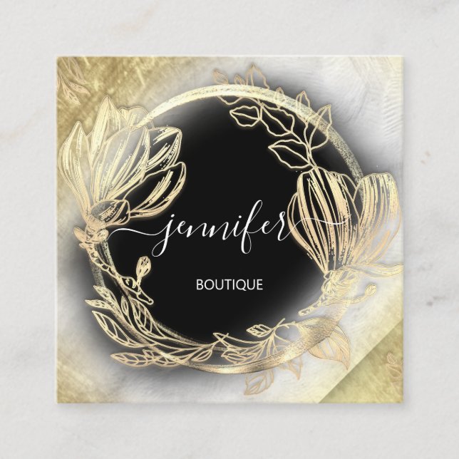 Carte De Visite Carré Cadre floral QR Code Logo Gold Grey Elegant (Devant)