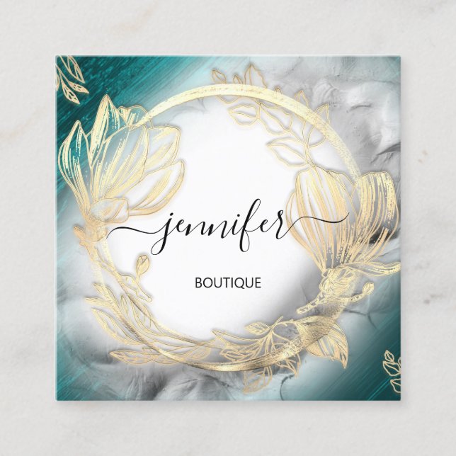 Carte De Visite Carré Cadre floral QR Code Logo Gold Turquoise Grey (Devant)