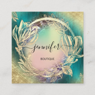Carte De Visite Carré Cadre Floral QR Code Logo Gold Turquoise Rose