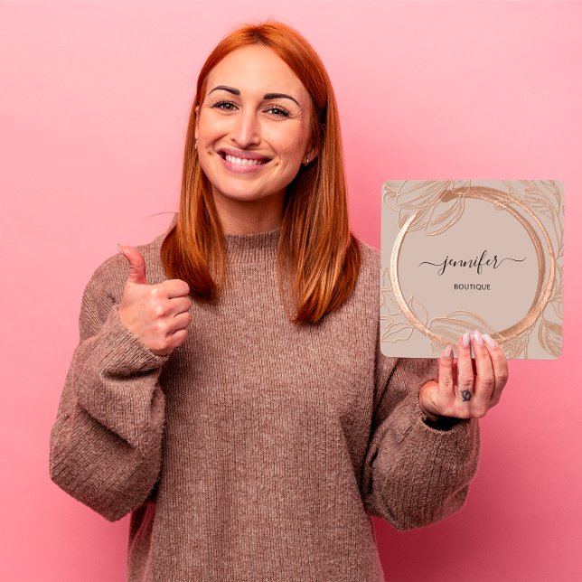 Carte De Visite Carré Cadre Floral QR Code Logo Jardin Rose Or (Floral Frame QR Code Logo Garden Rose Gold Square Business Card)