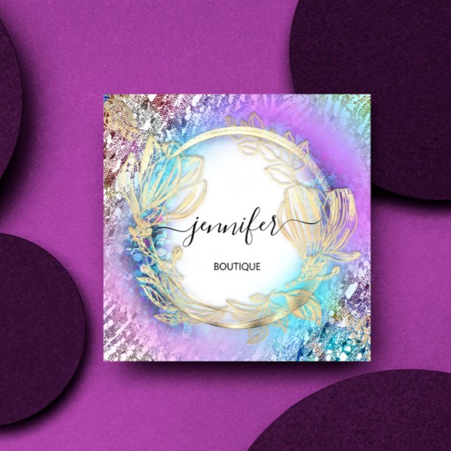 Carte De Visite Carré Cadre floral QR Code Logo Or rose (Floral Frame QR Code Logo Gold Pink Square Business Card)