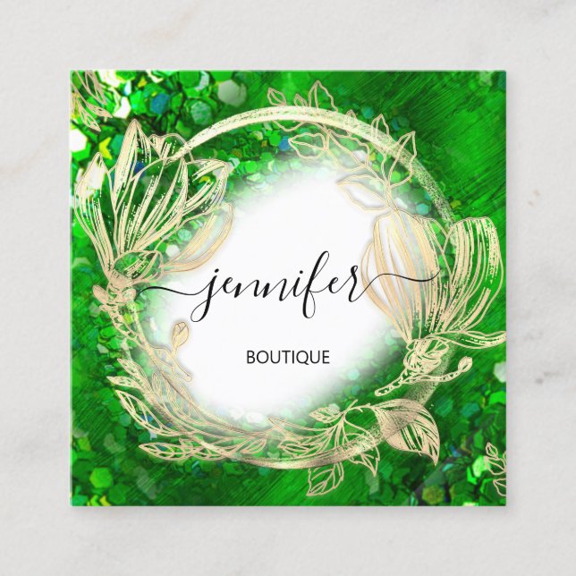 Carte De Visite Carré Cadre floral QR Code Logo Or Tropical Vert (Devant)
