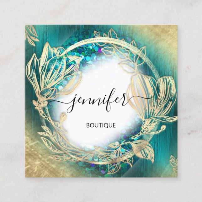 Carte De Visite Carré Cadre Floral QR Code Logo Or Turquoise Bleu (Devant)