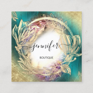 Carte De Visite Carré Cadre Floral QR Code Logo Or Turquoise Vert