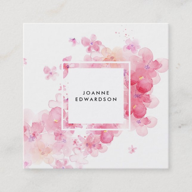 Carte De Visite Carré Cadre floral rose de blanc d'éclaboussure (Devant)
