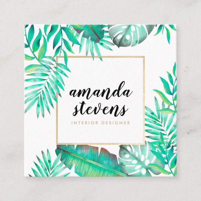Carte De Visite Carré Cadre or chic aquarelle tropicale verte feuilles (Devant)